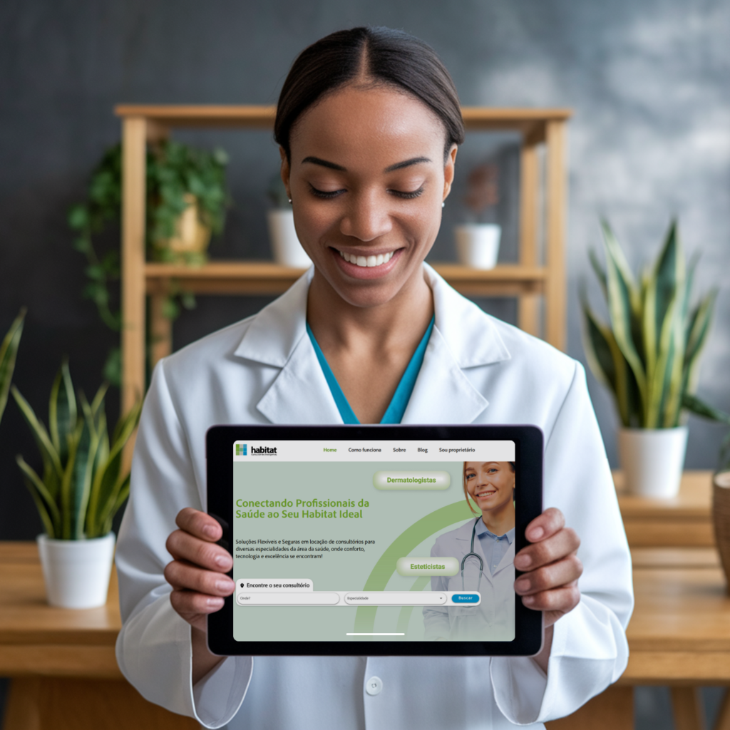 Profissional de saúde utilizando o Sistema Habitat em tablet em consultório moderno