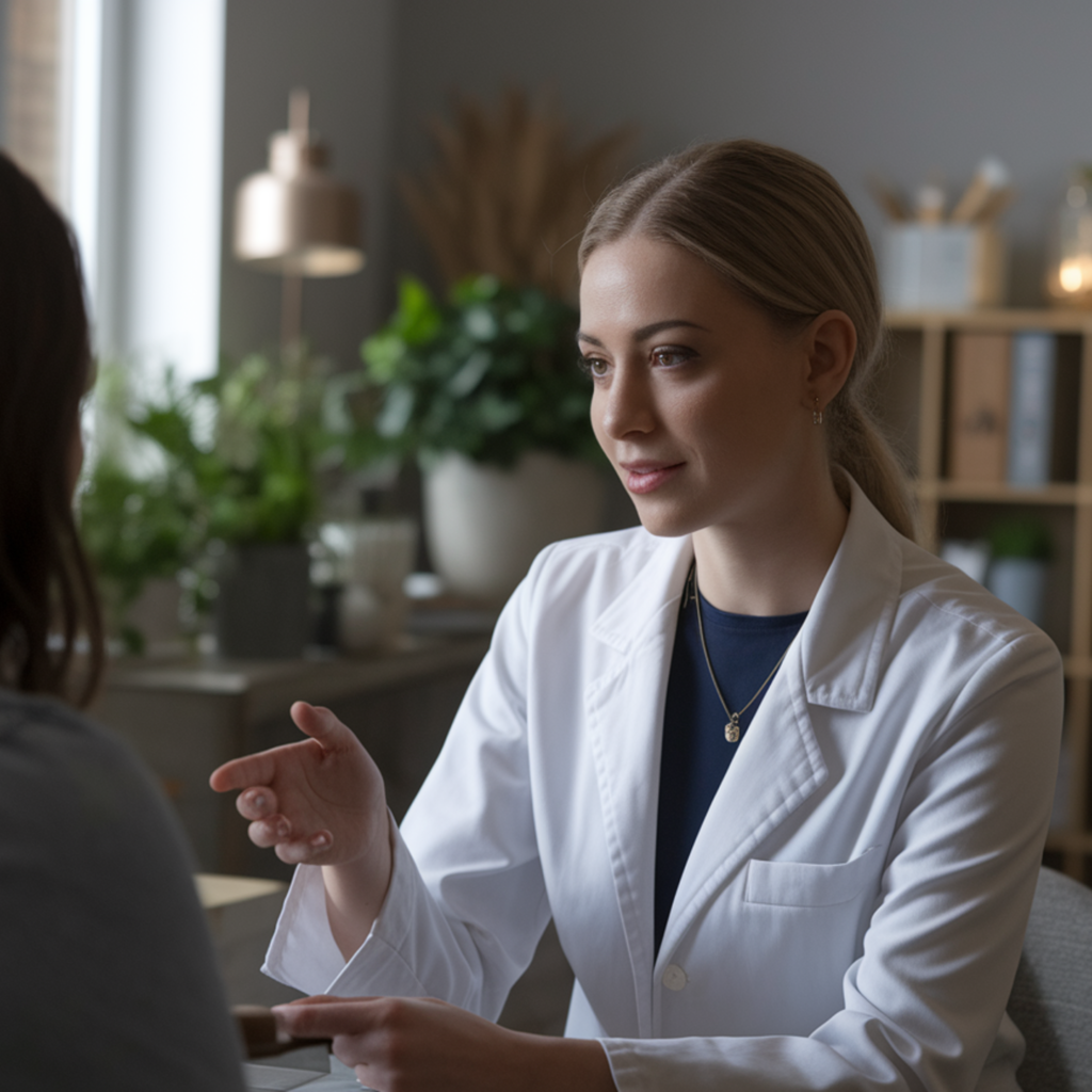 Consultório de nutrição moderno equipado com mesa em L, equipamentos especializados e decoração minimalista