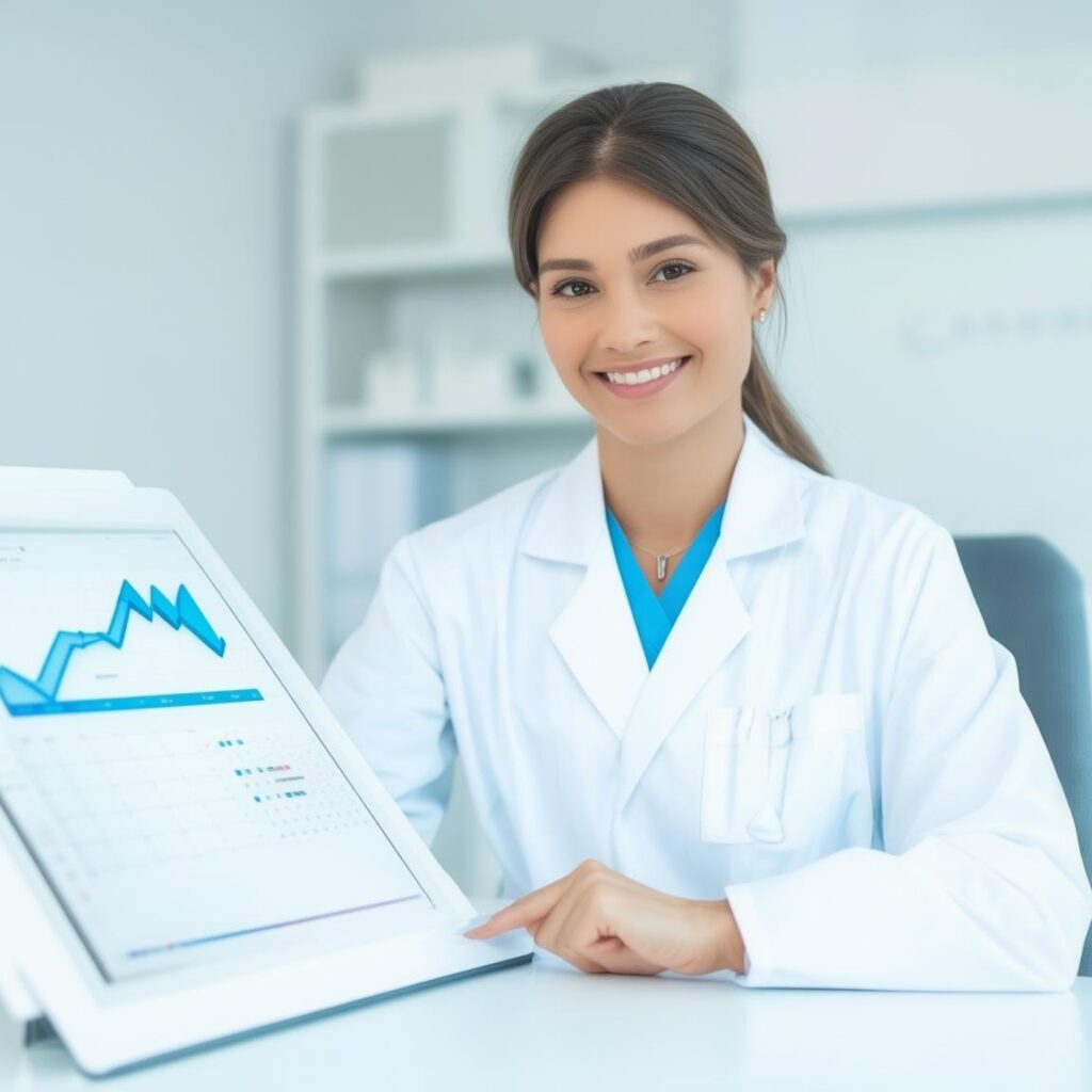 Profissional de saúde utilizando estratégias digitais para atrair pacientes em consultório moderno