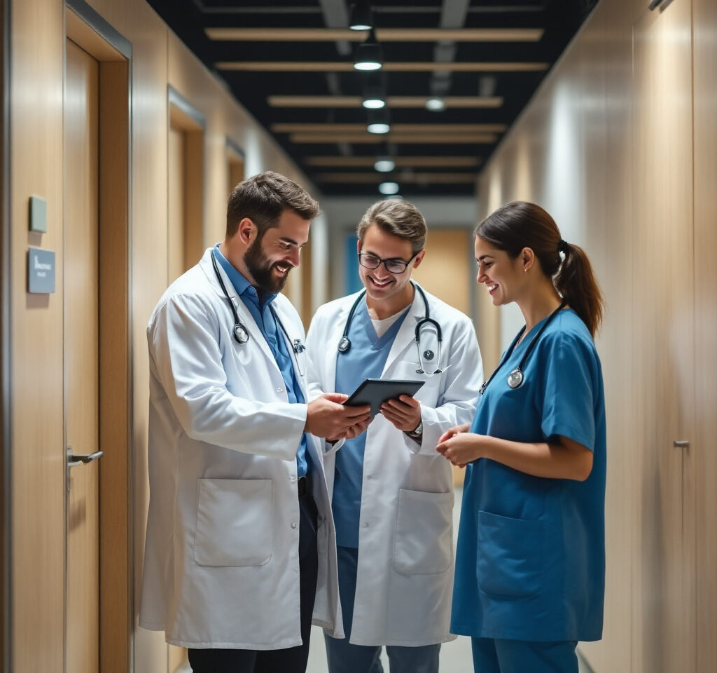 "Médicos interagindo no corredor do coworking médico, demonstrando ambiente colaborativo