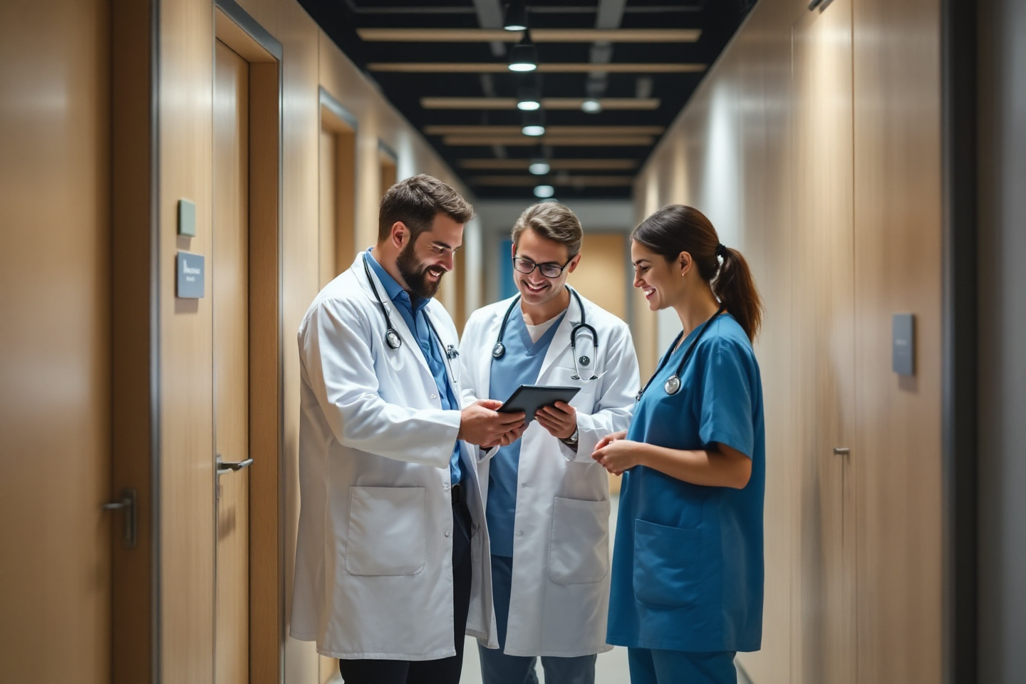 "Médicos interagindo no corredor do coworking médico, demonstrando ambiente colaborativo