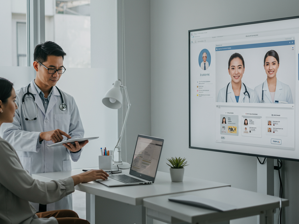 Consultório médico moderno com interface digital para agendamento online.