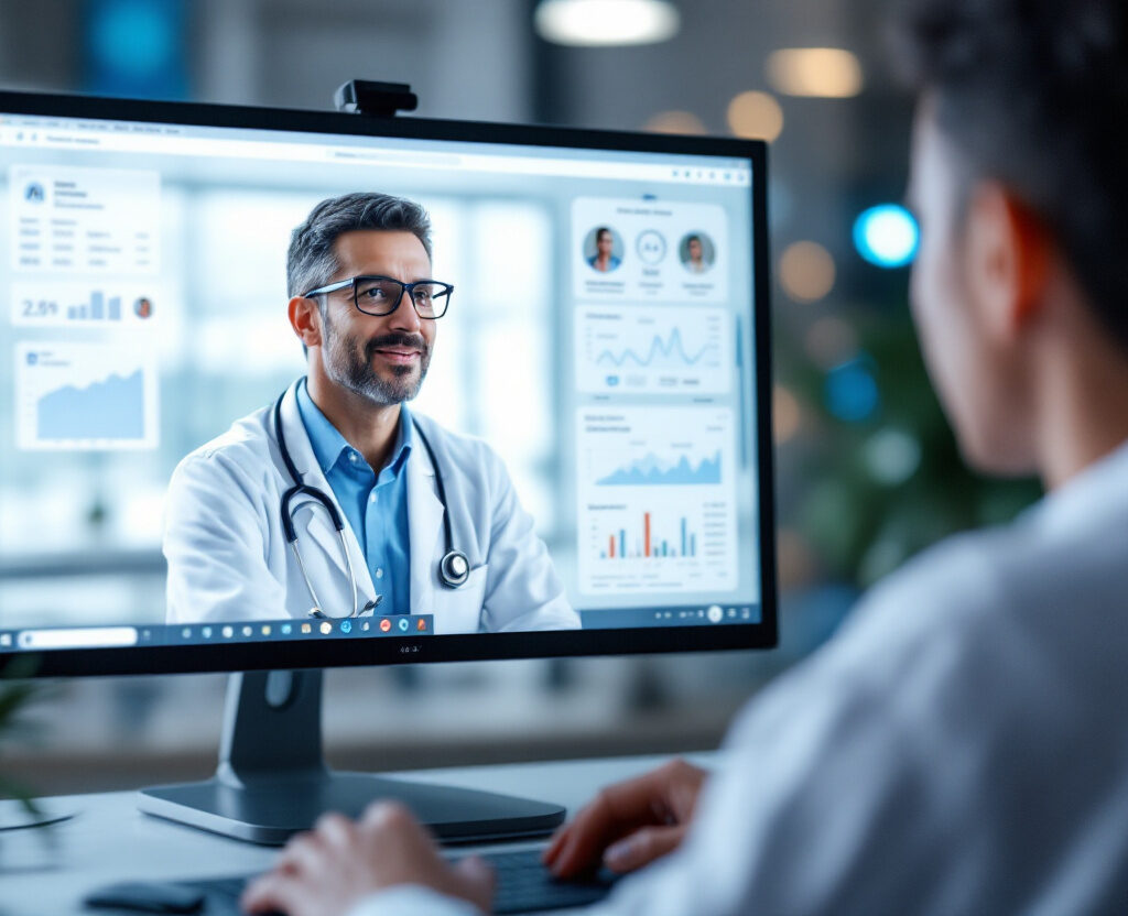 Plataforma de telemedicina com inteligência artificial na saúde auxiliando médico durante consulta remota