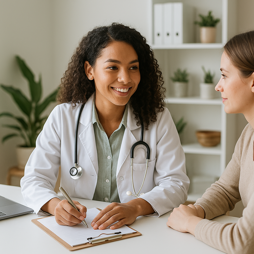 Nutricionista atendendo paciente em consultório moderno