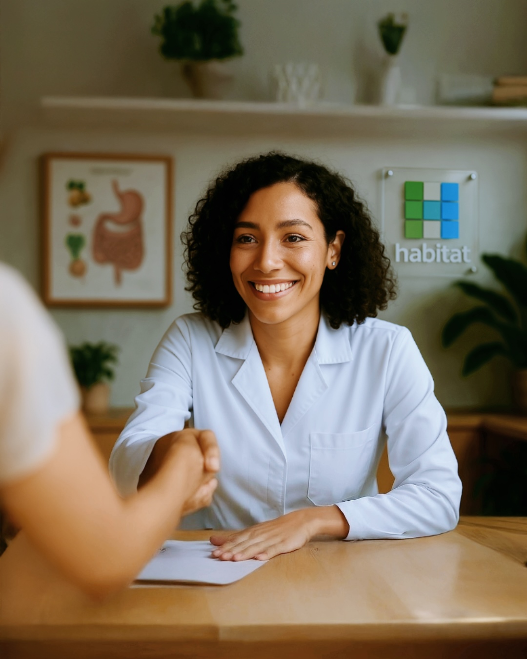 Nutricionista atendendo em consultório da Habitat